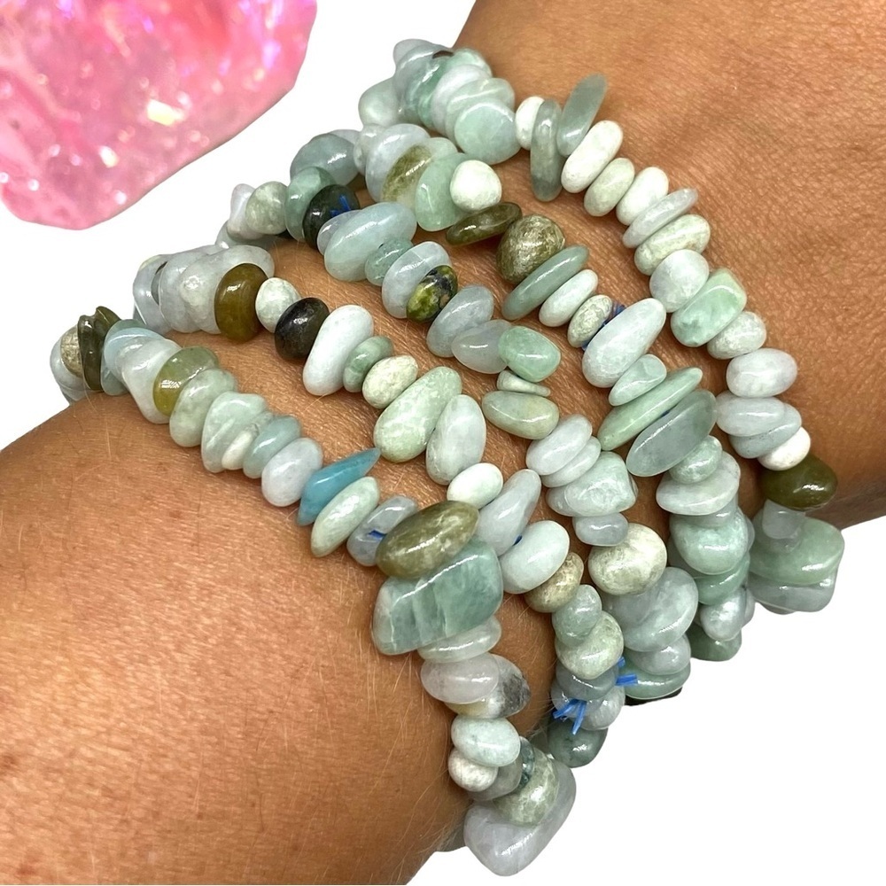 Jadeite Beaded Stretch Bracelet Natural Stone Chip Beads Chips Green Burma Jade
